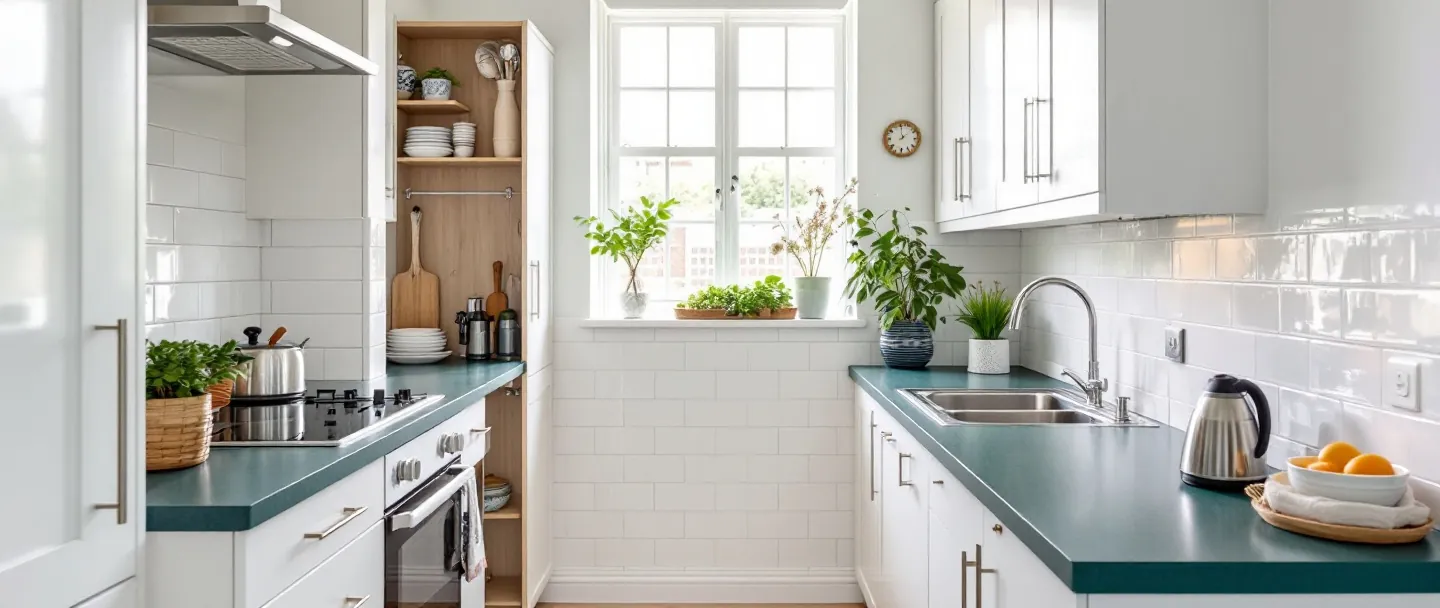 Compact galley kitchen in a converted flat with new doors
