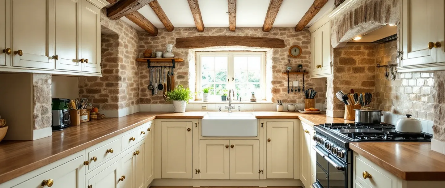 In-frame kitchen in a stone cottage with a low beamed ceiling