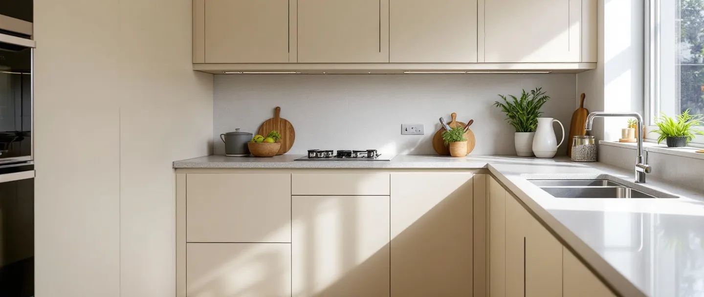 Handleless cream kitchen fronts with a compact laminate worktop