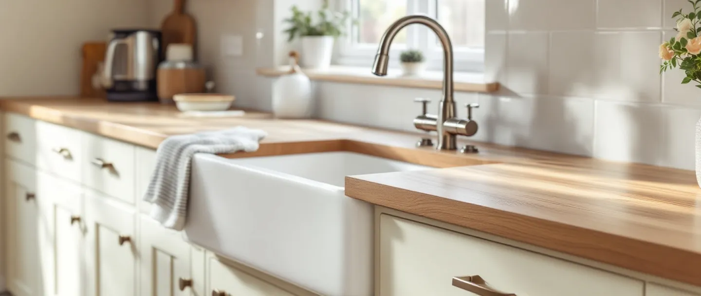 Solid oak worktop with a white ceramic sink and a bridge mixer tap
